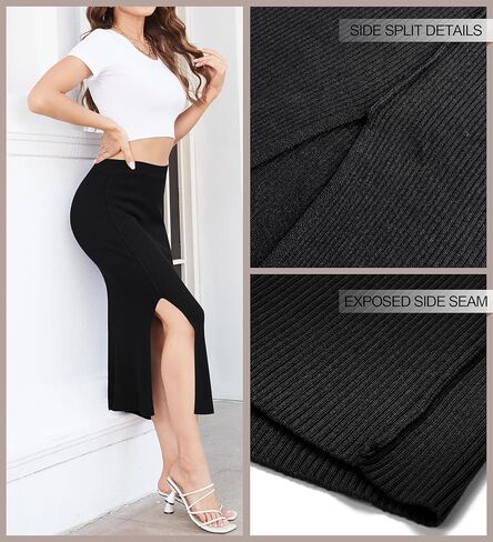 HAEOF المرأة 2024 عالية الخصر مضلع متماسكة الجانب الشق Bodycon قلم رصاص تنورة متوسطة الحجم الأعمال عارضة ملابس العمل المعلم (أسود، XL) in Kuwait