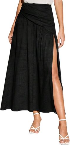 تنورة نسائية مكشكشة من SOFIA'S Choice تنورة طويلة بفتحة جانبية وفخذ عالية الخصر على شكل حرف A in Kuwait