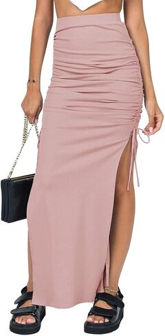 Ezcosplay Women High Waisted Ribbed Skirt Side Split Slit Ruched Drawstring Bodycon Maxi Skirts in Saudi Arabia
