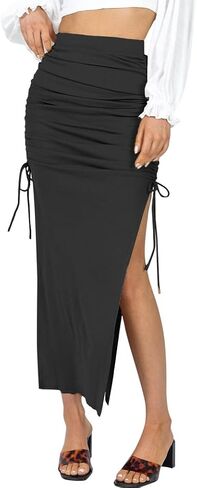Ezcosplay Women High Waisted Ribbed Skirt Side Split Slit Ruched Drawstring Bodycon Maxi Skirts in Saudi Arabia