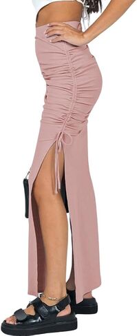 Ezcosplay Women High Waisted Ribbed Skirt Side Split Slit Ruched Drawstring Bodycon Maxi Skirts in Saudi Arabia
