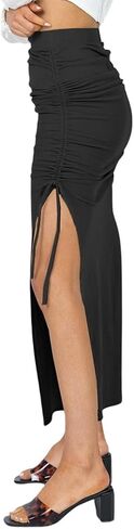 Ezcosplay Women High Waisted Ribbed Skirt Side Split Slit Ruched Drawstring Bodycon Maxi Skirts in Saudi Arabia