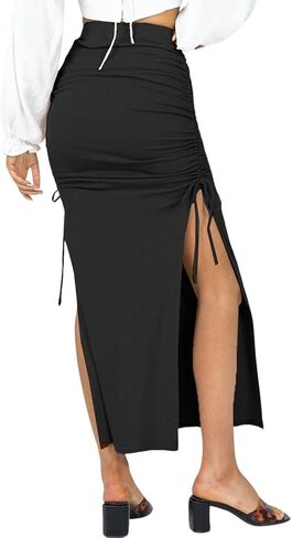 Ezcosplay Women High Waisted Ribbed Skirt Side Split Slit Ruched Drawstring Bodycon Maxi Skirts in Saudi Arabia