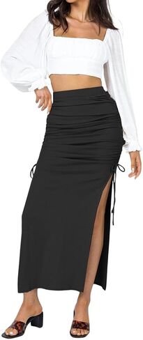 Ezcosplay Women High Waisted Ribbed Skirt Side Split Slit Ruched Drawstring Bodycon Maxi Skirts in Saudi Arabia