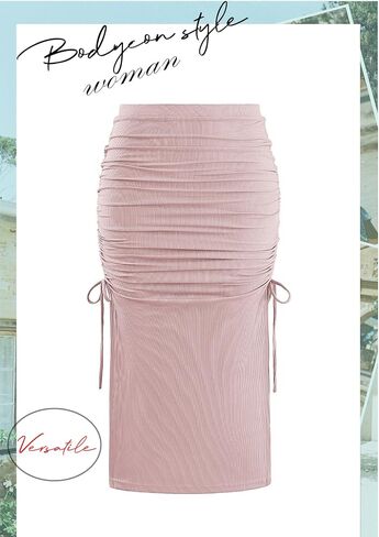Ezcosplay Women High Waisted Ribbed Skirt Side Split Slit Ruched Drawstring Bodycon Maxi Skirts in Saudi Arabia