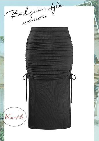 Ezcosplay Women High Waisted Ribbed Skirt Side Split Slit Ruched Drawstring Bodycon Maxi Skirts in Saudi Arabia