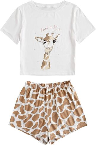 طقم بيجامة PJ مكون من قطعتين، تي شيرت وسروال قصير مطبوع عليه رسوم كارتونية للنساء من DIDK in Kuwait