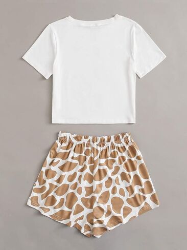 طقم بيجامة PJ مكون من قطعتين، تي شيرت وسروال قصير مطبوع عليه رسوم كارتونية للنساء من DIDK in Kuwait