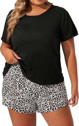 GORGLITTER Women's Plus Size 2 Piece Pajama Set Short Sleeve Round Neck Tee and Leopard Print Shorts Set Sleepwear in Saudi Arabia