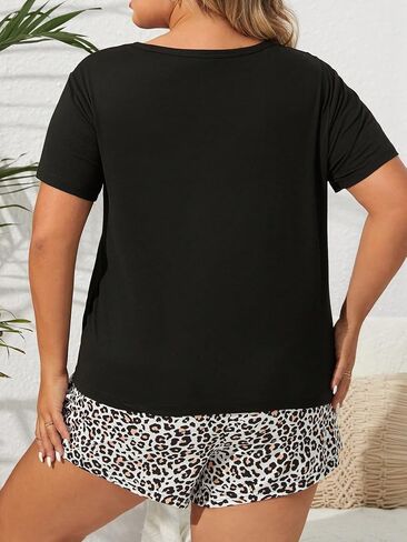 GORGLITTER Women's Plus Size 2 Piece Pajama Set Short Sleeve Round Neck Tee and Leopard Print Shorts Set Sleepwear in Saudi Arabia