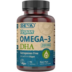 Deva Vegan Omega-3 DHA Supplement - Once-Per-Day Softgel 200 MG - Carrageenan Free - Gelatin Free - Non-Fish - Algae Oil - 90 Softgels (Pack of 2)