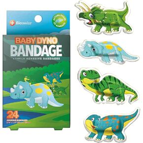 BioSwiss Bandages, Baby Dino Shaped Self Adhesive Bandage, Latex Free Sterile Wound Care, 24 Count