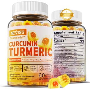 Sugar Free Turmeric Curcumin Filled Gummies 550mg for Adults, Ginger & Black Pepper | 95% Curcuminoids w/Prebiotic Probiotic & Postbiotic Blend, Support Joints, Immune & Digestive Health, Vegan, 60Ct