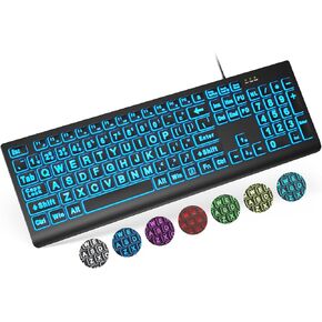 SABLUTE Large Print Backlit Keyboard, Wired USB Lighted Computer Keyboard with 7-Color & 4 Modes Backlit, Oversize Letters Keys Easy to See and Type, Quiet Keyboard Compatible for PC, Laptop