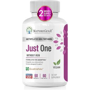 NatureGenX - Just One Daily Methyl Multi MTHFR Supplement with Methyl B12 (methylcobalamin) & Methyl Folate Complete Multivitamin Without Iron for Adults & Bariatric Patients - 60 Capsules (2 Months)