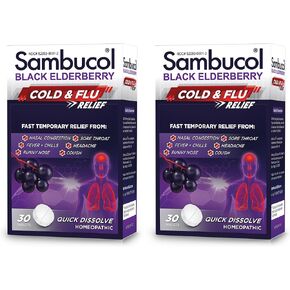 Sambucol Cold and Flu Relief Tablets - Homeopathic Cold Medicine, Nasal & Sinus Congestion Relief, Use for Runny Nose, Coughing, Cold Remedy for Adults - Black Elderberry, 30 Count, 2-Pack