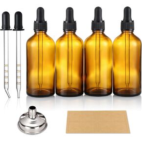 AOZITA 4 Pack, 100ml Dark Amber Dropper Bottles with 1 Funnels & 4 Labels - 3.4oz Brown Glass Tincture Bottles with Eye Droppers for Essential Oils, Liquids - Leakproof Travel Bottles