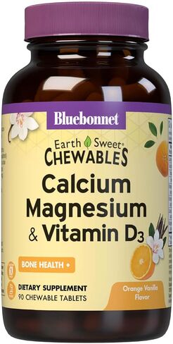Bluebonnet Nutrition، الكالسيوم والمغنيسيوم بالإضافة إلى فيتامين D3، Earthsweet، صحة العظام واسترخاء العضلات، خالي من الصويا، خالي من الغلوتين، موافق للشريعة اليهودية، خالي من منتجات الألبان، 90 قرصًا قابلاً للمضغ بنكهة الفانيليا in Saudi Arabia