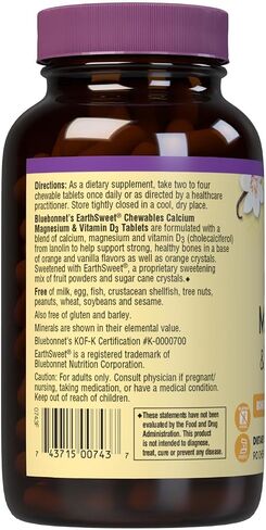Bluebonnet Nutrition، الكالسيوم والمغنيسيوم بالإضافة إلى فيتامين D3، Earthsweet، صحة العظام واسترخاء العضلات، خالي من الصويا، خالي من الغلوتين، موافق للشريعة اليهودية، خالي من منتجات الألبان، 90 قرصًا قابلاً للمضغ بنكهة الفانيليا in Saudi Arabia