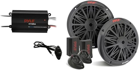 Pyle Auto 4-Channel Marine Amplifier - 200 Watt RMS 4 OHM Full Range Stereo with Wireless Bluetooth & Powerful Prime Speaker - High Crossover HD Music Audio Multi Channel System PLMRMB4CB,Black in Kuwait