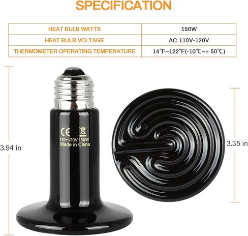 Simple Deluxe 150W Ceramic Heat Lamp Reptile Heat Emitter Heater Lamp Bulb No Light with Free Digital-Thermometer, for Pet Brooder Coop Chicken, Dragon Turtle Lizard Snake Aquarium Tank in Saudi Arabia