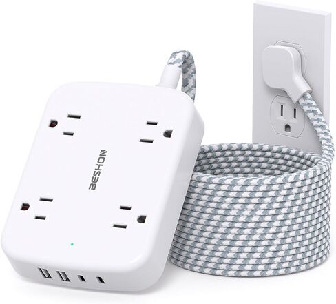 Surge Protector Power Strip with 2 USB C - 5 Ft Flat Extension Cord Flat Plug Power Strip, 4 Widely Outlets and 4 USB Charging Ports, Outlet Extender, 900 Joules, for Home Office Dorm Room Essentials in Kuwait