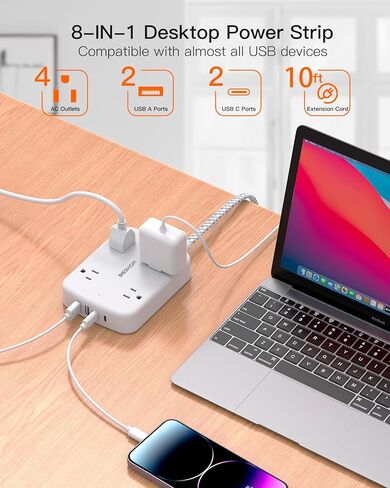 Surge Protector Power Strip with 2 USB C - 5 Ft Flat Extension Cord Flat Plug Power Strip, 4 Widely Outlets and 4 USB Charging Ports, Outlet Extender, 900 Joules, for Home Office Dorm Room Essentials in Kuwait