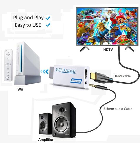 Sartyee Wii to HDMI Converter, Wii2 to HDMI for HD Video Audio Output with 3.5mm Audio Jack, Supports All Wii Display Modes 1080P 720P, Wii, Wii U, HDTV, Monitor, NTSC in Kuwait