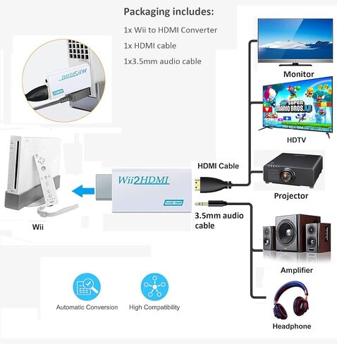 Sartyee Wii to HDMI Converter, Wii2 to HDMI for HD Video Audio Output with 3.5mm Audio Jack, Supports All Wii Display Modes 1080P 720P, Wii, Wii U, HDTV, Monitor, NTSC in Kuwait