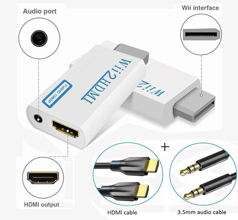 Sartyee Wii to HDMI Converter, Wii2 to HDMI for HD Video Audio Output with 3.5mm Audio Jack, Supports All Wii Display Modes 1080P 720P, Wii, Wii U, HDTV, Monitor, NTSC in Kuwait