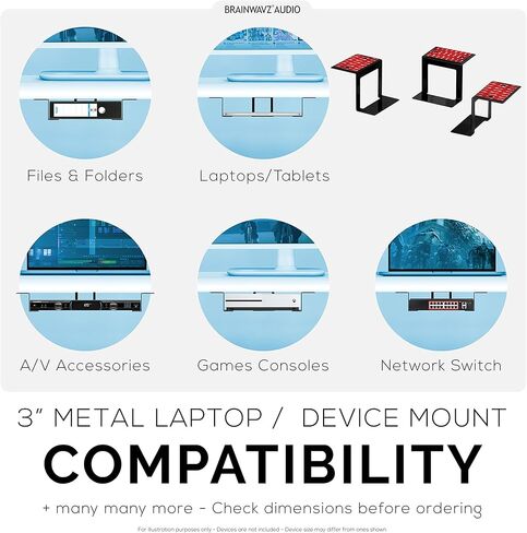 BRAINWAVZ 3" Under Desk Laptop & Device Holder Mount, Adhesive & Screw in, Devices Upto 3" - Small Computers Laptops MacBook Surface Keyboard Routers Modems Cable Box Network Switch & More (Black) in Kuwait
