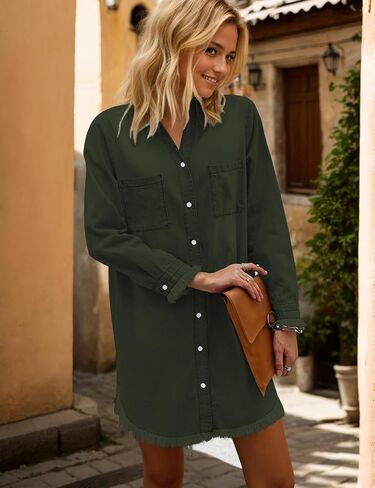 Women Denim Shirt Dresses Long Sleeve Distressed Jean Dress Button Down Casual Tunic Top in Saudi Arabia