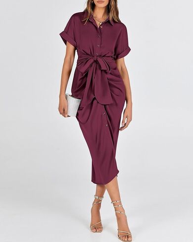 BTFBM Women 2023 Button Down Ruched Shirt Dresses Short Sleeve Lapel V Neck Elegant Party Spring Summer Maxi Satin Dress in Kuwait