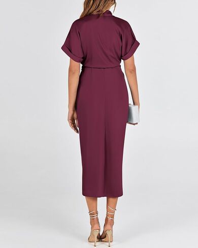 BTFBM Women 2023 Button Down Ruched Shirt Dresses Short Sleeve Lapel V Neck Elegant Party Spring Summer Maxi Satin Dress in Kuwait