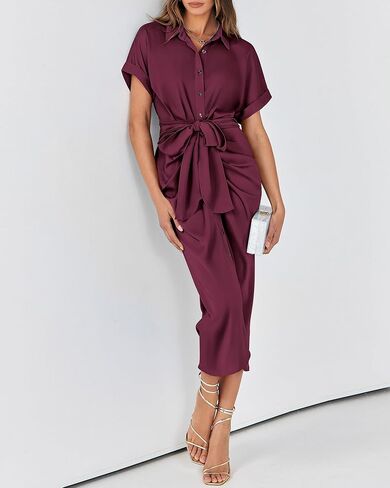 BTFBM Women 2023 Button Down Ruched Shirt Dresses Short Sleeve Lapel V Neck Elegant Party Spring Summer Maxi Satin Dress in Kuwait
