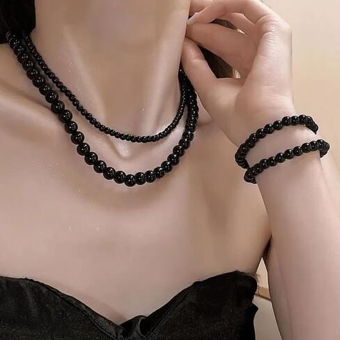 Aleasha Black Pearl Necklace for Men Women 6mm 8mm 18" 20" Round Faux Pearl Strand Jewelry Gifts in Kuwait