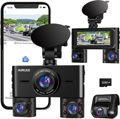 HUPEJOS V7 كاميرا داش 360 درجة، كاميرا رباعية القنوات 4 FHD 1080P * 4 أمامية، يسار، يمين، وخلفية مع واي فاي، كاميرا داش بعدسة قابلة للتعديل للسيارات ذات الرؤية الليلية، بطاقة 128 جيجابايت، مرشح CPL، وضع انتظار السيارات على مدار 24 ساعة in Kuwait
