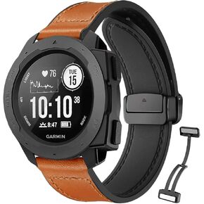 سوار ساعة من الجلد من GARTOO لـ Garmin Instinct/Instinct 2 Solar، جلد أصلي ناعم مع حزام معصم مقاوم للعرق من السيليكون لـ Garmin Instinct التكتيكية/Tide/Esports/Instinct Solar-Max المعصم 8.1 بوصة