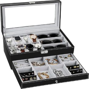 TomCare Watch Box Watch Case Weave Pattern Jewelry Box Lockable Watch Case with Drawer Sunglasses Holder Earrings Storage PU Leather Jewelry Organizer with Glass Top for Men Women (Black)