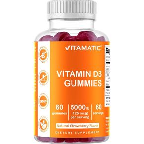 Vitamatic Vitamin D3 Gummies - 5000 IU Per Gummy - 60 Vegan Gummies - Great Taste - Healthy Bones, Teeth, Mood, Joint & Immune System Function