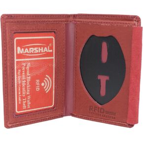 Marshal Genuine Leather RFID Slim Thin Bifold ID Money Wallet Oval Shape Badge Holder