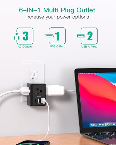Outlet Extender Multi Plug Outlet - USB Wall Charger with 3 USB Ports (1 USB C), No Surge Protector Cruise Essentials for Ship and Travel, ETL Listed in Kuwait