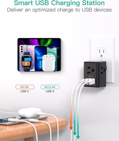 Outlet Extender Multi Plug Outlet - USB Wall Charger with 3 USB Ports (1 USB C), No Surge Protector Cruise Essentials for Ship and Travel, ETL Listed in Kuwait