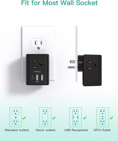 Outlet Extender Multi Plug Outlet - USB Wall Charger with 3 USB Ports (1 USB C), No Surge Protector Cruise Essentials for Ship and Travel, ETL Listed in Kuwait