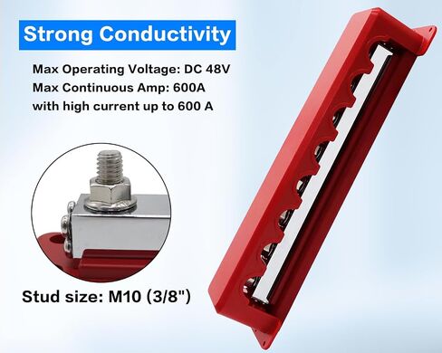 600A Bus Bar Heavy Duty Power Distribution Block 48V DC Busbar Box with 8 x M10(3/8") Terminal Studs for Battery Marine Automotive RV Car Truck (Black & Red) in Kuwait