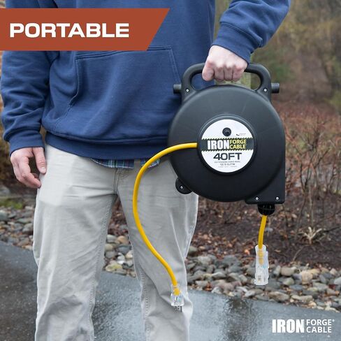 Iron Forge Extension Cord Storage Reel with Metal Stand, Black - Portable Cable Reel, Holds Up to 100 Ft of Electrical Cord, Hose, or Rope in Saudi Arabia