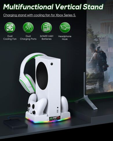 Cooling Stand & Charging Station for Xbox Series S with RGB Light Strip,Dual Charger of Controllers and Cooler Fan for XSS Console Accessories with 2*1400mAH Rechargeable Battery Pack,1*Headphone Hook in Saudi Arabia