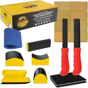 Dura-Gold 12-Piece Contoured Profile 4" Hand Sanding Block Set with 40 Sheet Hook & Loop Sandpaper Kit - Interchangeable Assorted Convex & Concave Shapes - Sand Wood Woodworking Furniture, Auto Paint