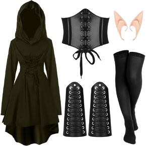 Jeyiour 5 Pcs Women Renaissance Fairy Costumes Set Medieval Hooded Robe Elf Ears Accessories for Halloween Cosplay