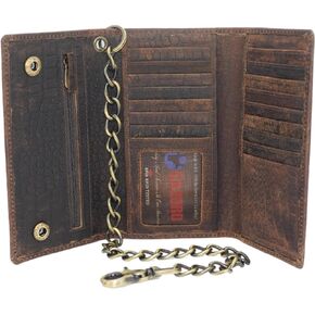 Swiss Marshall Men's RFID Signal Blocking Biker's Vintage Brown Leather Long Tri-fold Chain Checkbook Card ID Wallet